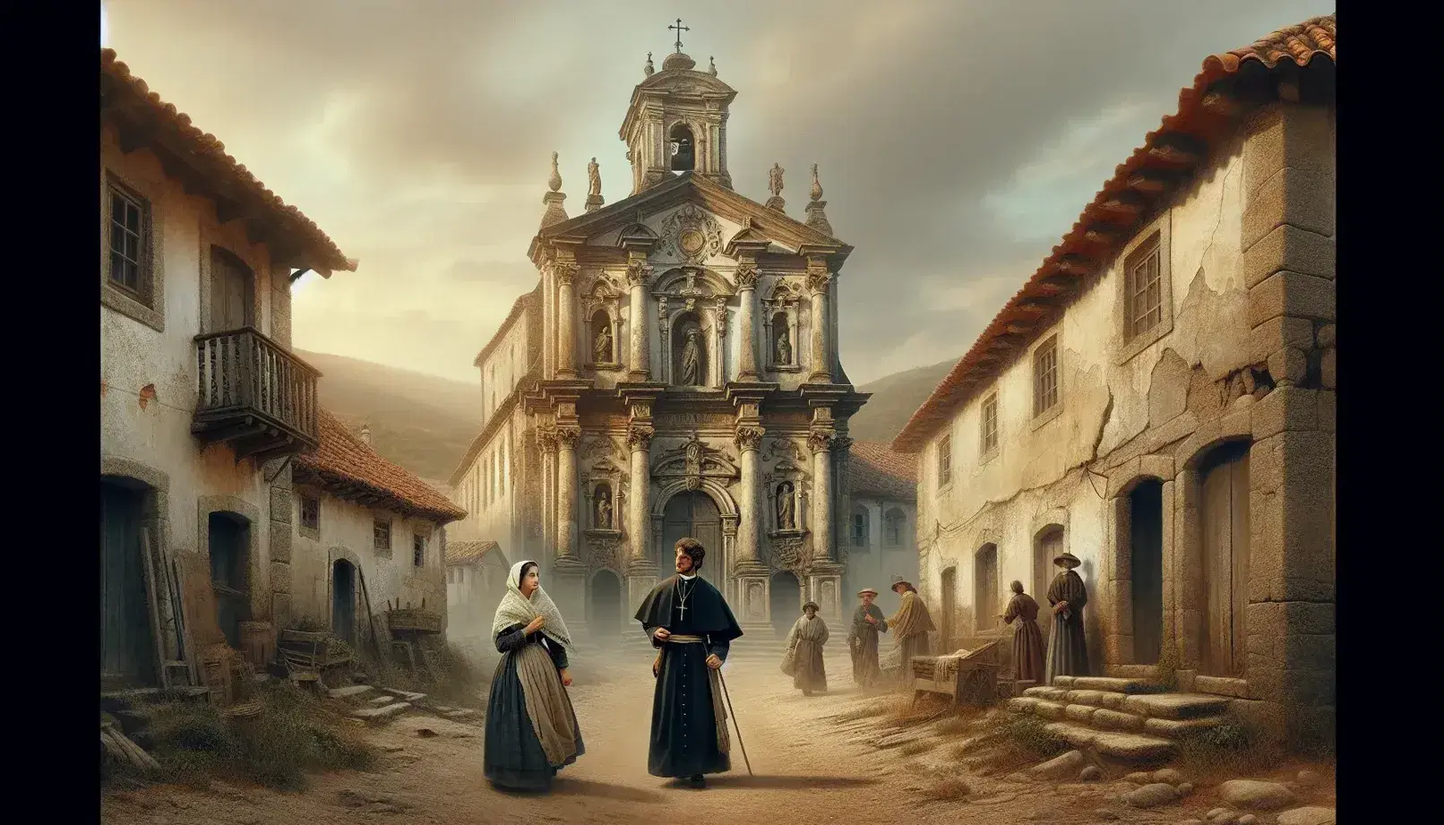 Scena di villaggio del XVII secolo con chiesa barocca, case in pietra, sacerdote preoccupato e coppia di contadini, sotto cielo nuvoloso.