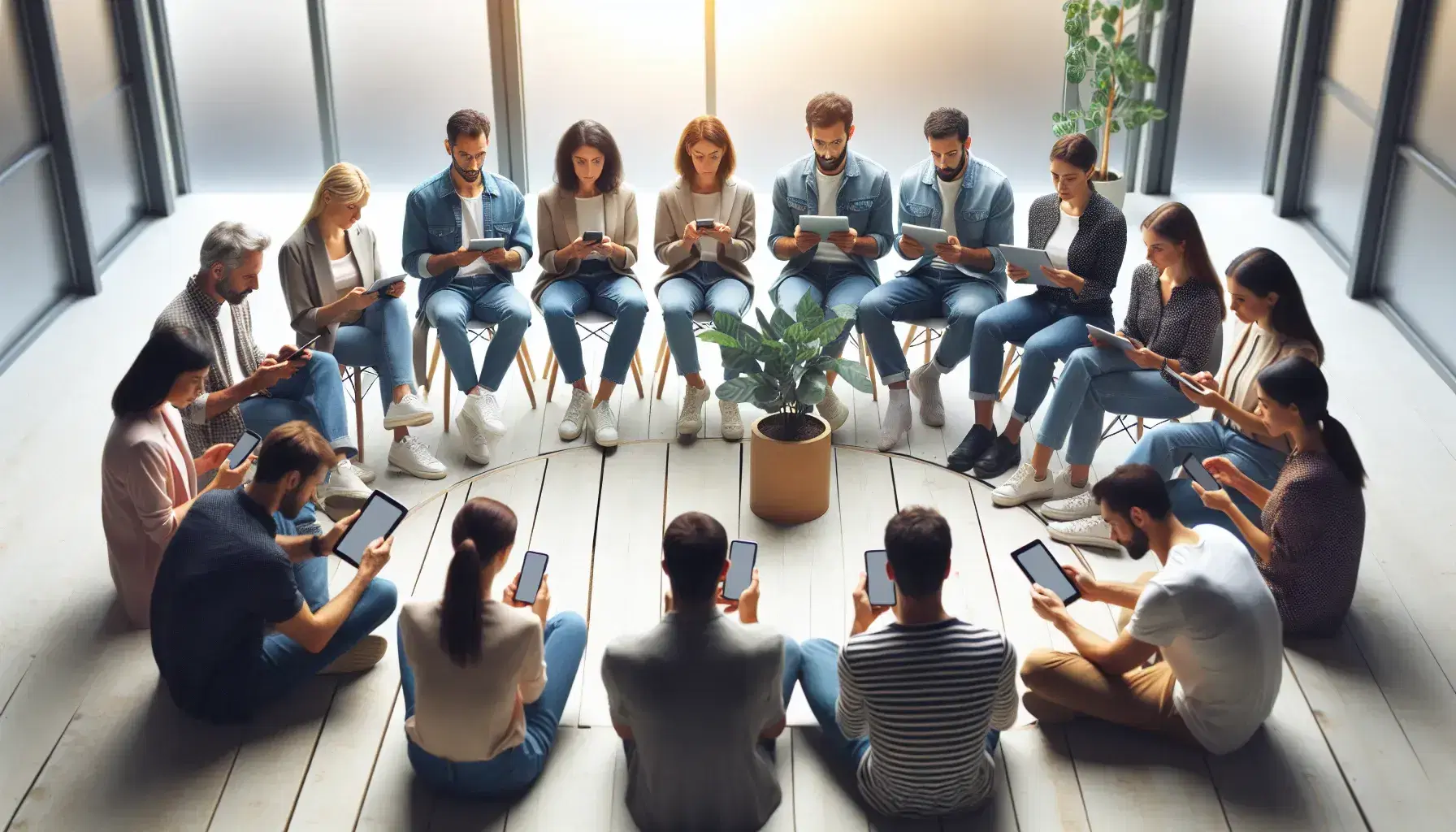 Grupo diverso de personas sentadas en círculo con dispositivos electrónicos en un espacio interior iluminado naturalmente, con una planta en el centro.
