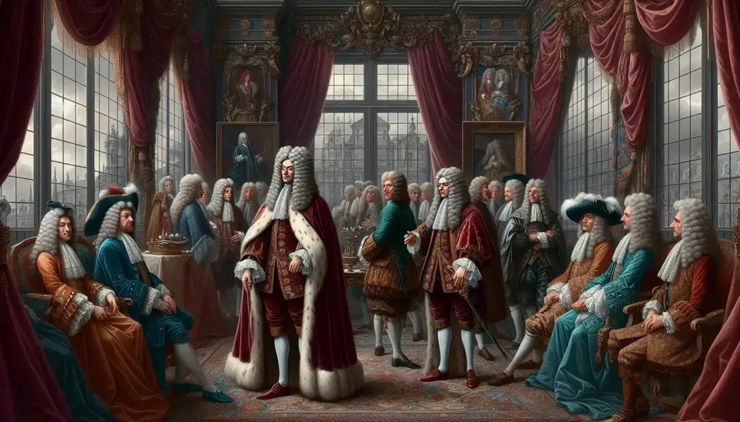Scena di corte del XVII secolo con nobile in mantello rosso e parrucca, circondato da cortigiani in abiti d'epoca, in un salone regale con arredi lussuosi.