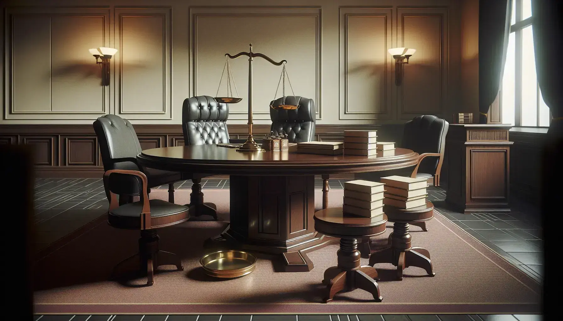 Sala de tribunal con mesa de madera oscura, sillas, balanza de justicia metálica y podio, iluminada por luz suave y alfombra roja.