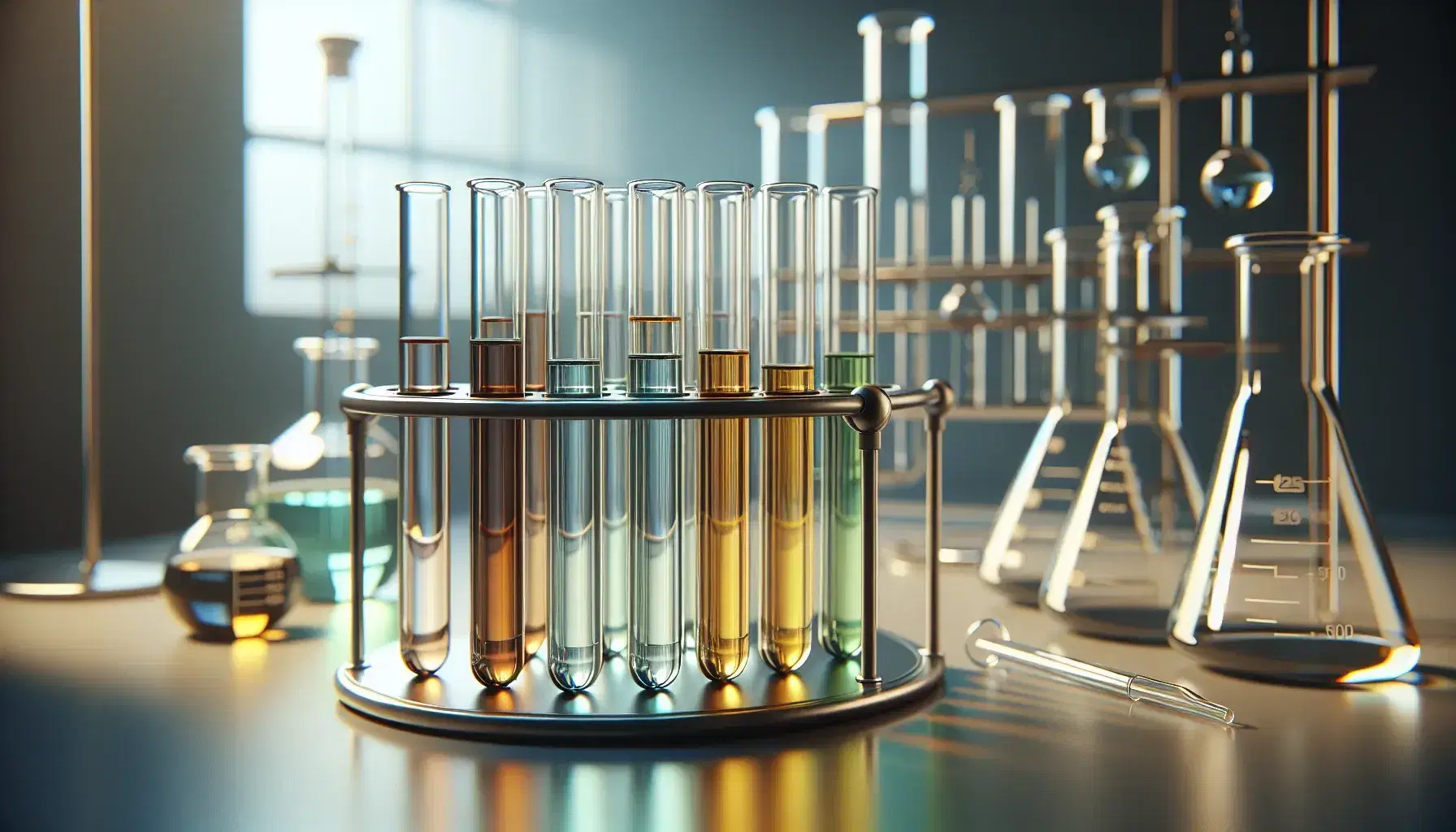 Tubos de ensayo de vidrio con líquidos de colores en gradiente, desde incoloro hasta verde claro, en soporte metálico sobre mesa de laboratorio con pipeta y material de vidrio al fondo.