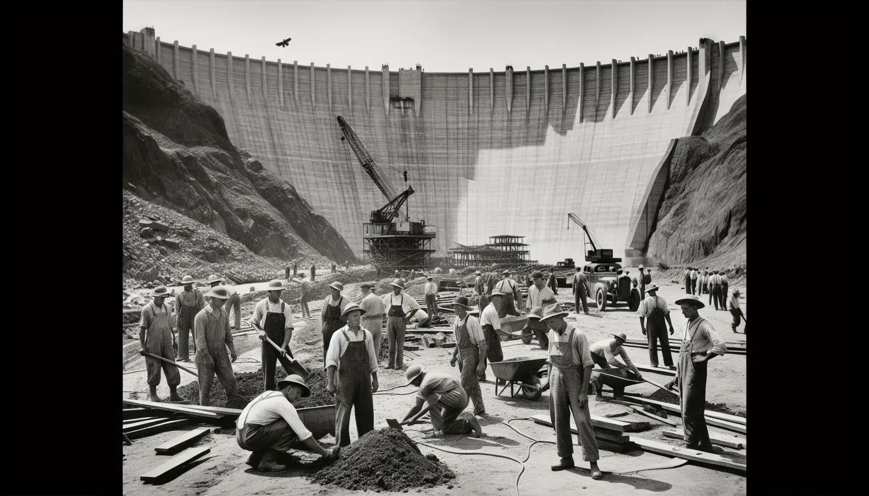 1930s construction workers at a dam site, with one shoveling, another using a jackhammer, and a third carrying planks, against a backdrop of a large concrete dam and cranes.