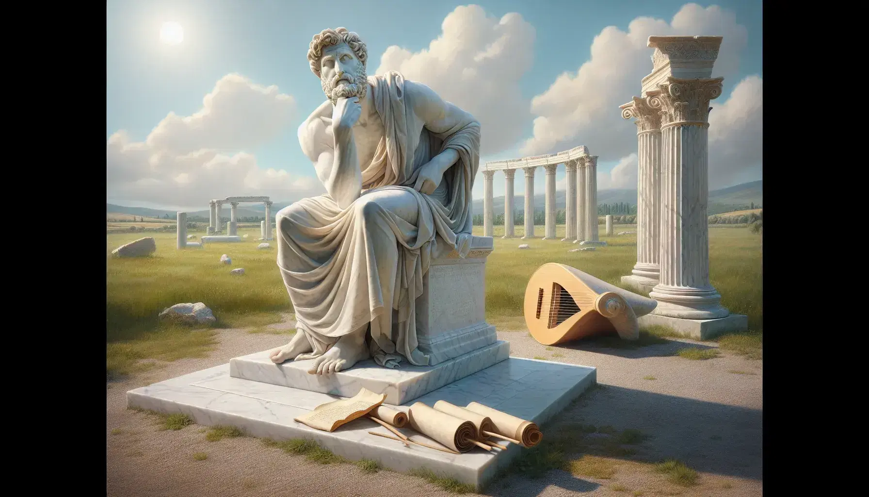 Escultura de mármol blanco de hombre barbudo pensativo con túnica, mano en mentón, frente a ruinas de columnas dóricas y cielo azul, con rollo y lira a su lado.