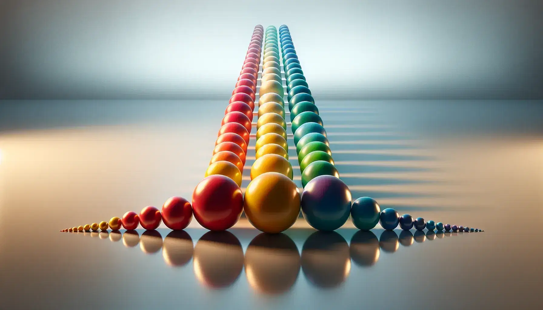 Descending staircase pattern of reflective spheres transitioning from red to violet on a flat surface, creating a rainbow gradient with soft shadows.