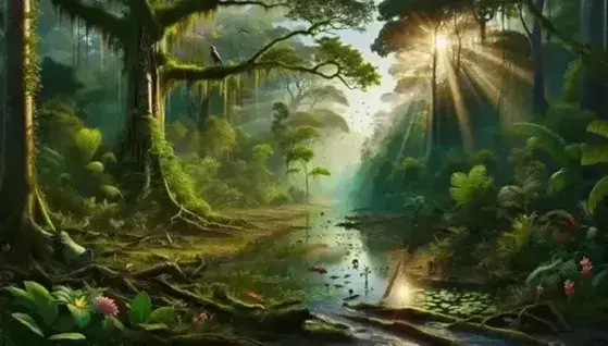 Foresta pluviale rigogliosa con fiume serpeggiante, fauna varia e vegetazione densa riflettente la luce solare.