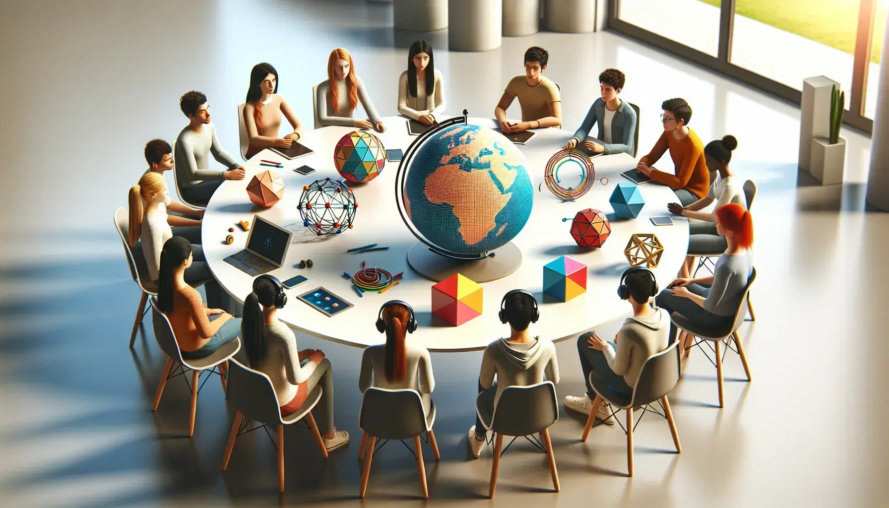 Grupo diverso de estudiantes interactuando con materiales educativos en una sala iluminada naturalmente, con un globo y modelos geométricos sobre la mesa.