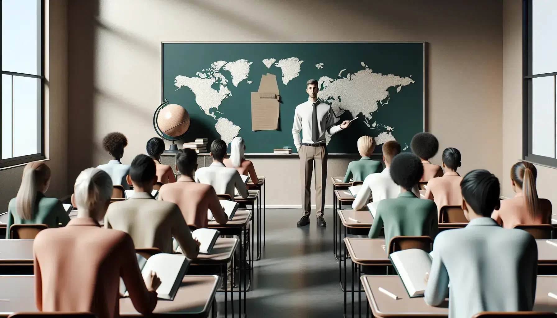 Middle-aged teacher with chalk stands before a clean blackboard in a classroom, students with open textbooks attentively facing forward.