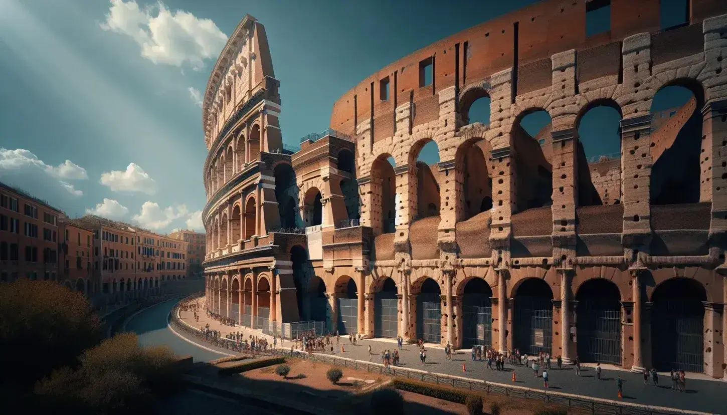 Vista parcial del Coliseo Romano en un día soleado, con arcos y columnas en tonos beige y marrón claro, cielo azul y turistas dispersos.