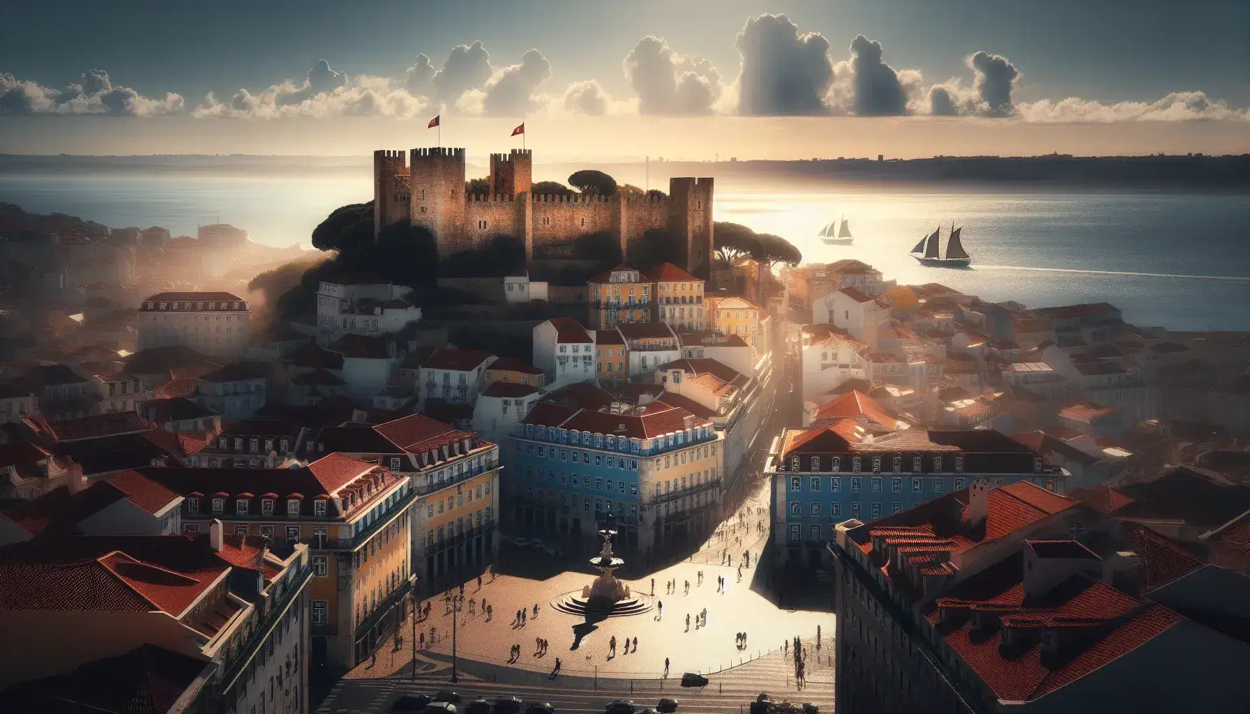 Vista panoramica di Lisbona con il Castello di São Jorge, tetti rossi, fiume Tago e una barca a vela, in una giornata soleggiata.