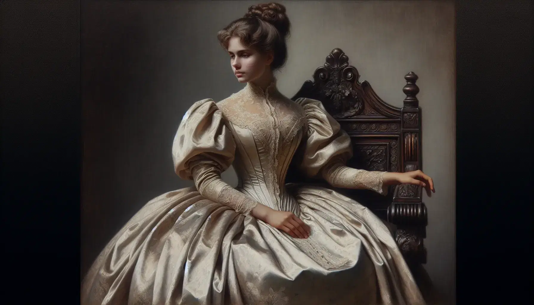 Retrato al óleo de mujer del siglo XIX sentada en silla tallada, con vestido de seda y abanico, expresión serena y peinado recogido.