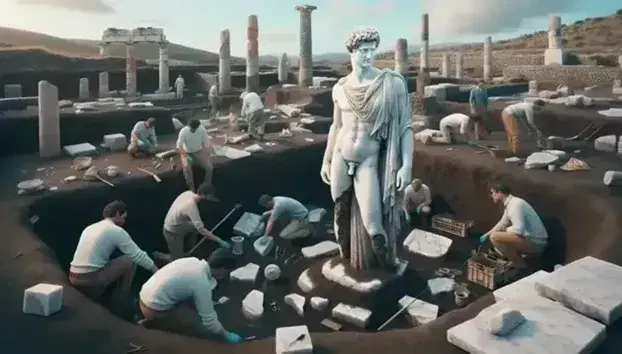 Scavo archeologico con statua marmorea maschile in stile neoclassico parzialmente interrata, circondata da archeologi al lavoro in un sito con colonne antiche.