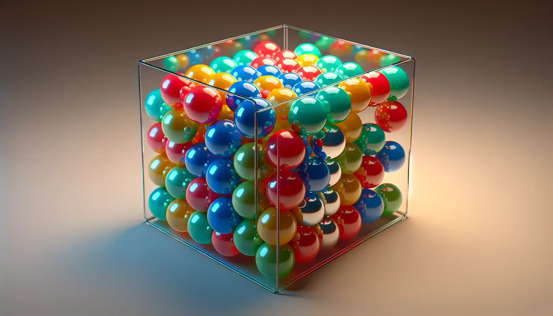 Esferas de colores brillantes simulando moléculas de gas en movimiento dentro de un recipiente transparente, reflejando luz y distribuidas aleatoriamente.
