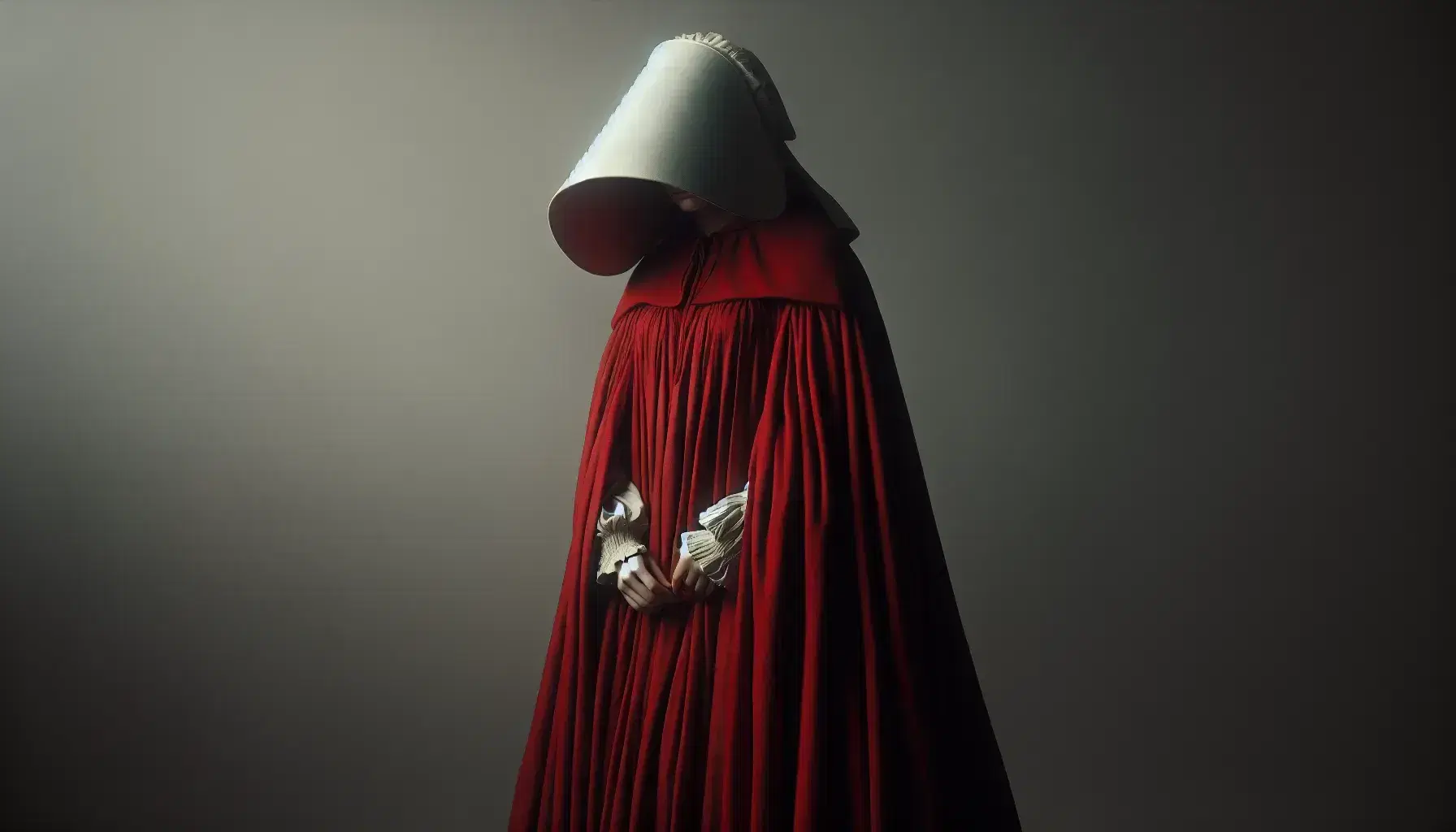 Woman in profile wearing a red cloak and white bonnet, standing solemnly with hands folded, against a plain backdrop, evoking a sense of mystery.