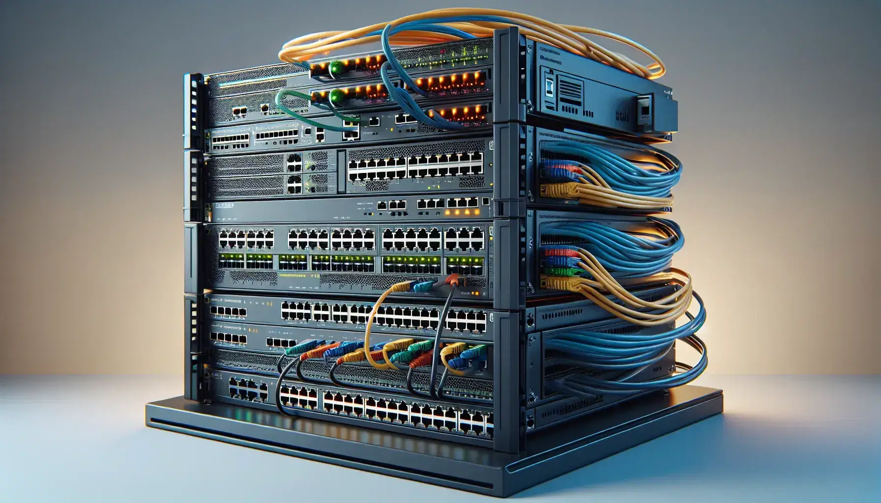 Rack de servidores con switch de red y módulos de expansión apilados, cables de colores conectados y luces LED indicadoras de actividad.