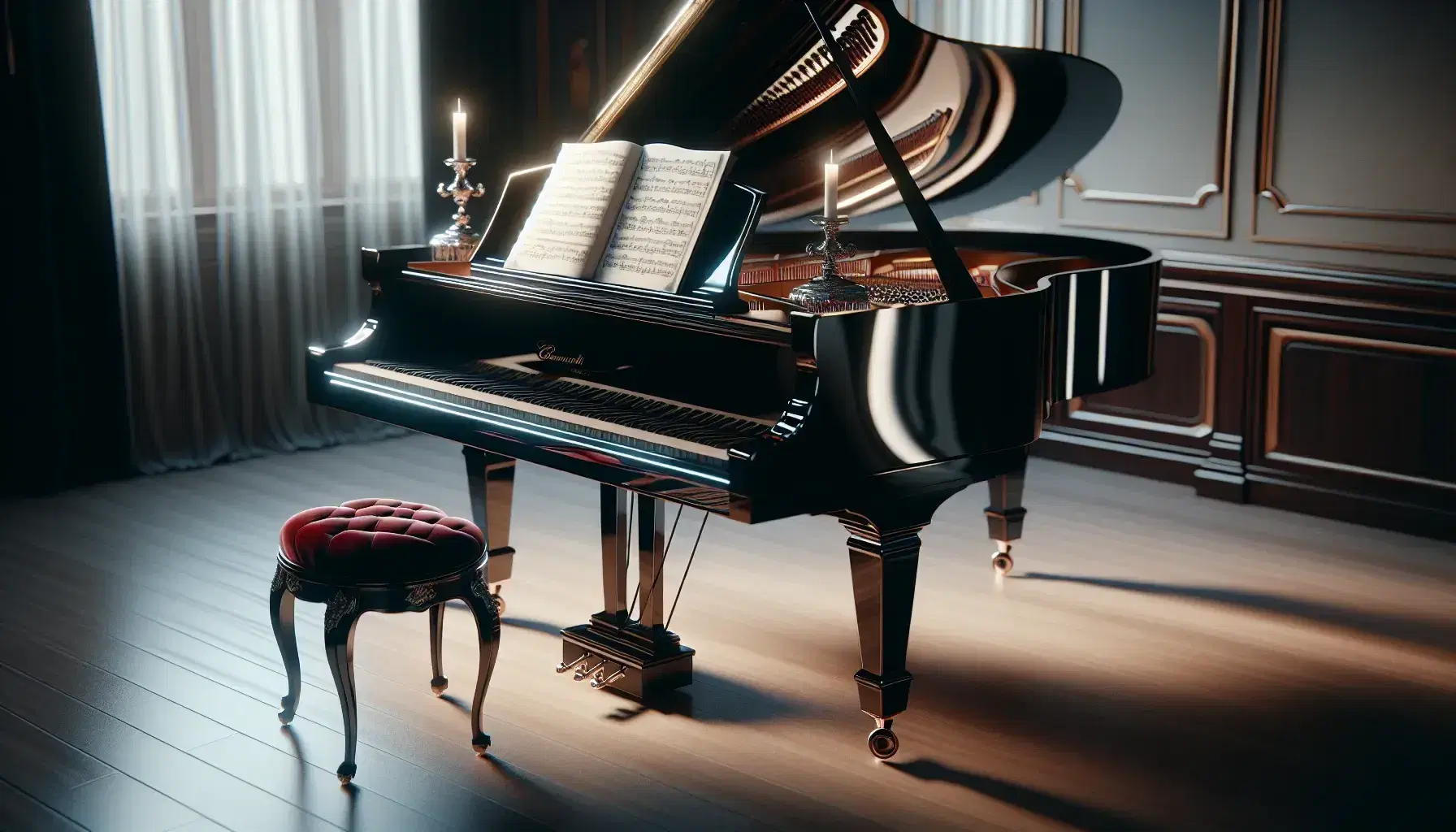 Piano de cola negro brillante con tapa abierta y mecanismo visible, junto a silla clásica y partitura sobre atril en habitación iluminada y elegante.
