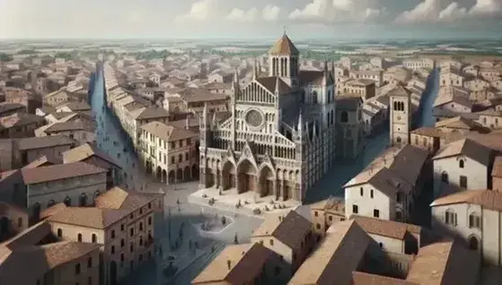 Veduta aerea di città medievale italiana con cattedrale gotica, piazza lastricata, strade tortuose e mura fortificate.