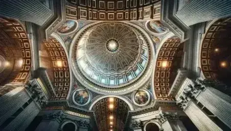 Interno della cupola di San Pietro con mosaici dorati e affreschi, luce naturale filtra dalle finestre ovali illuminando i dettagli architettonici.