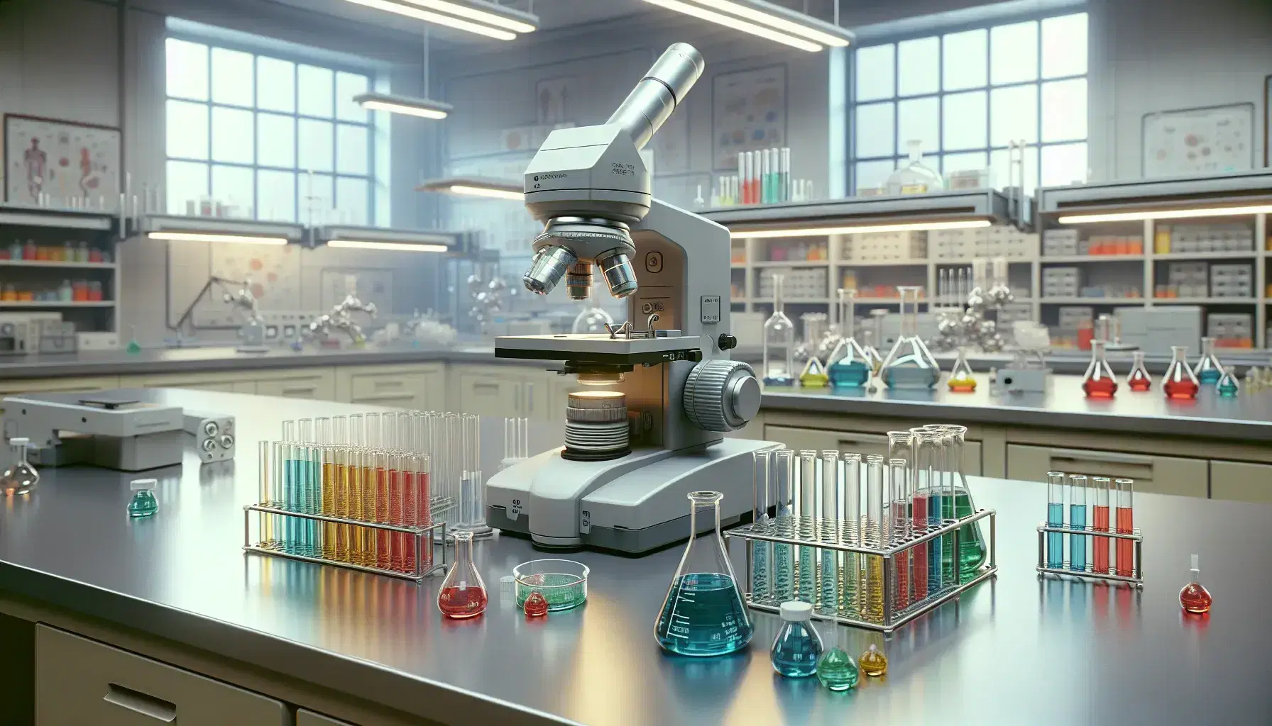 Laboratorio di chimica con microscopio elettronico grigio al centro, provette colorate e vetrini su banco di lavoro, illuminazione a fluorescenza.