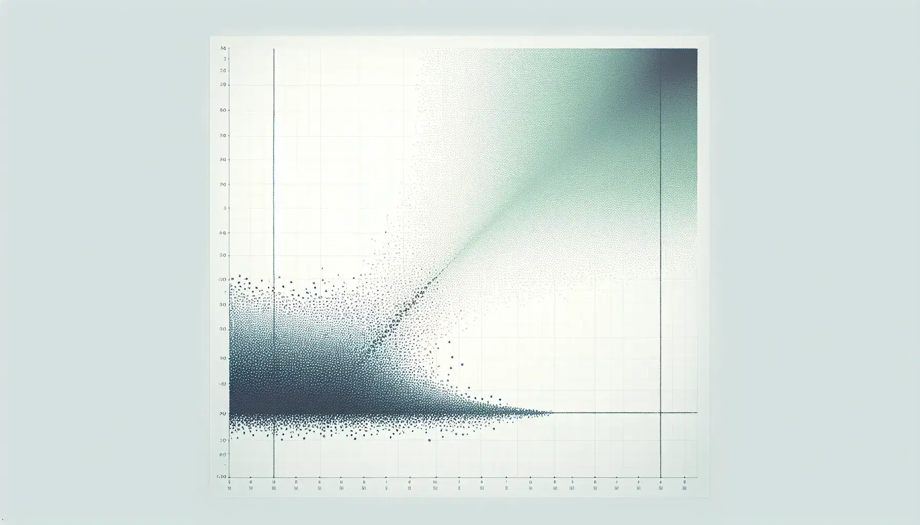 Scatter plot with two clusters, a blue one at the bottom left and a green one at the top right, separated by a gray curved line on a white background.