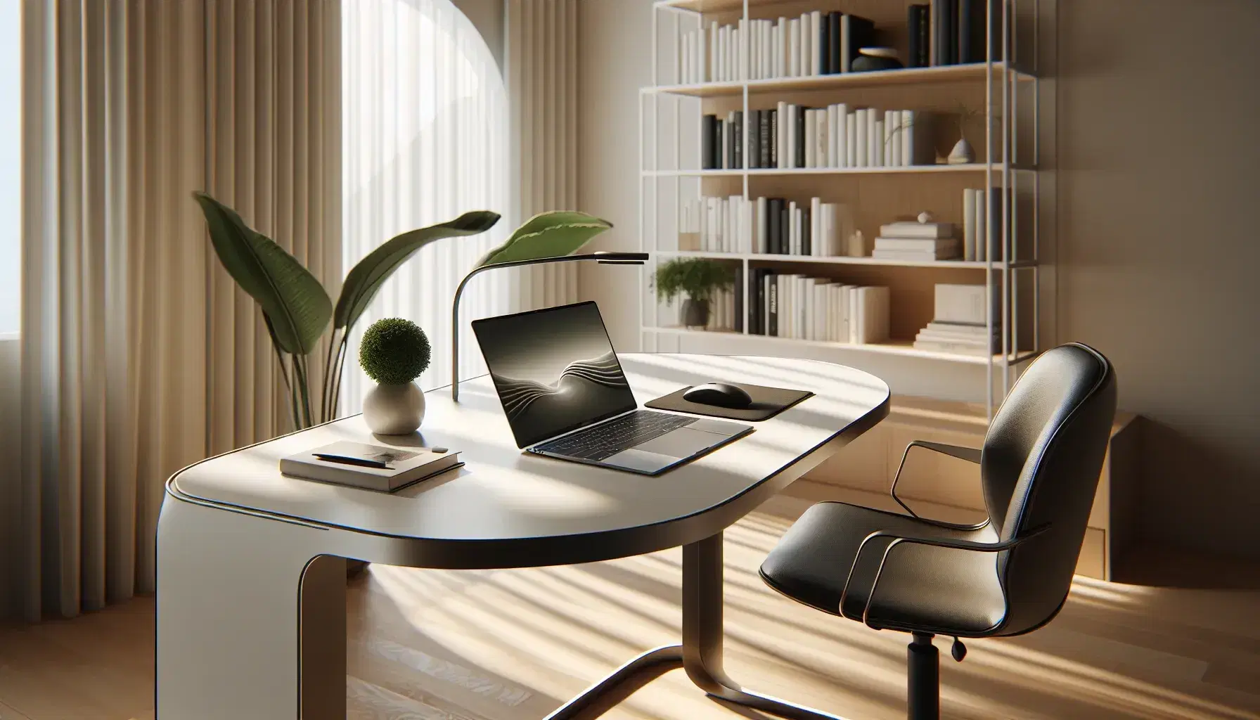 Modern home office with white curved desk, silver laptop, ergonomic wireless mouse, green potted plant, black fabric office chair, and abstract wall art.