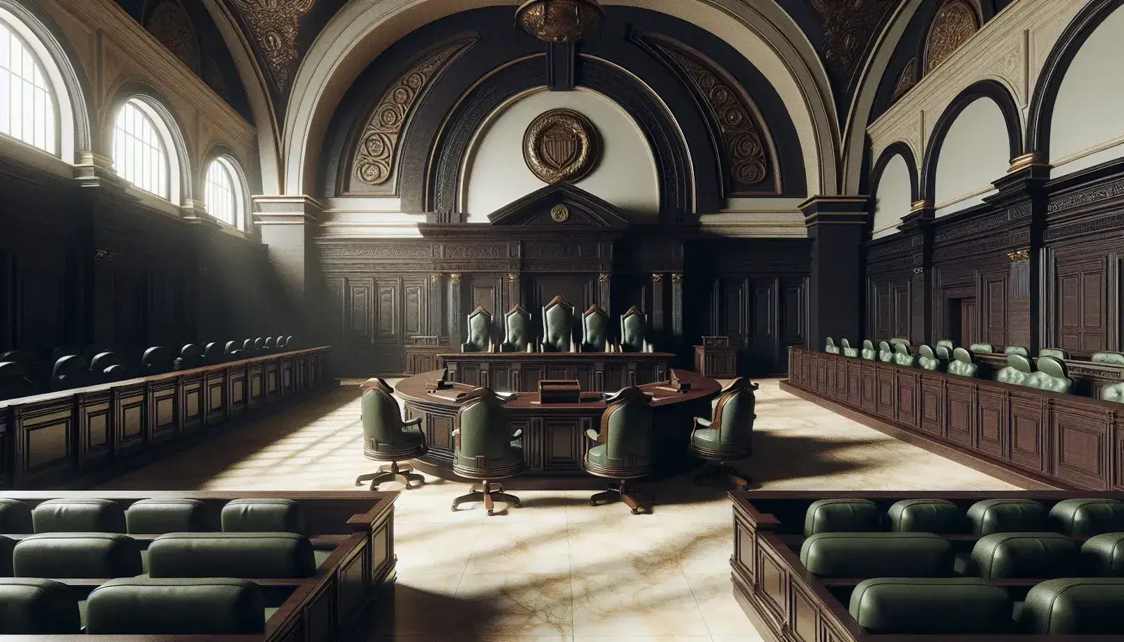 Aula di tribunale vuota e maestosa con scrivania del giudice in legno scuro, sedie in pelle verde, banchi per avvocati e posti per pubblico.