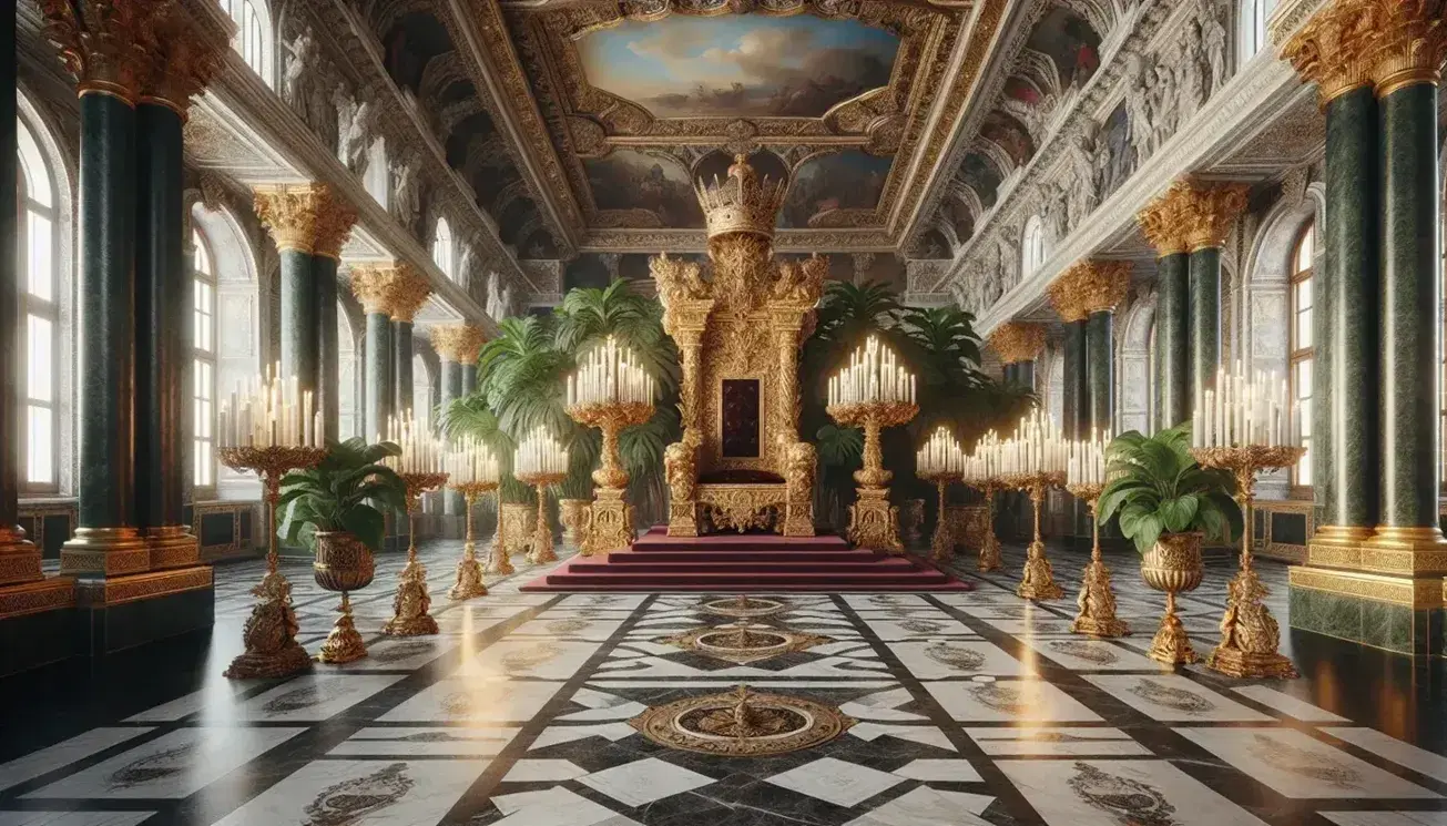 Opulent 19th-century throne room with a golden throne, red velvet upholstery, marble floor, gilded candelabras, and lush green plants.