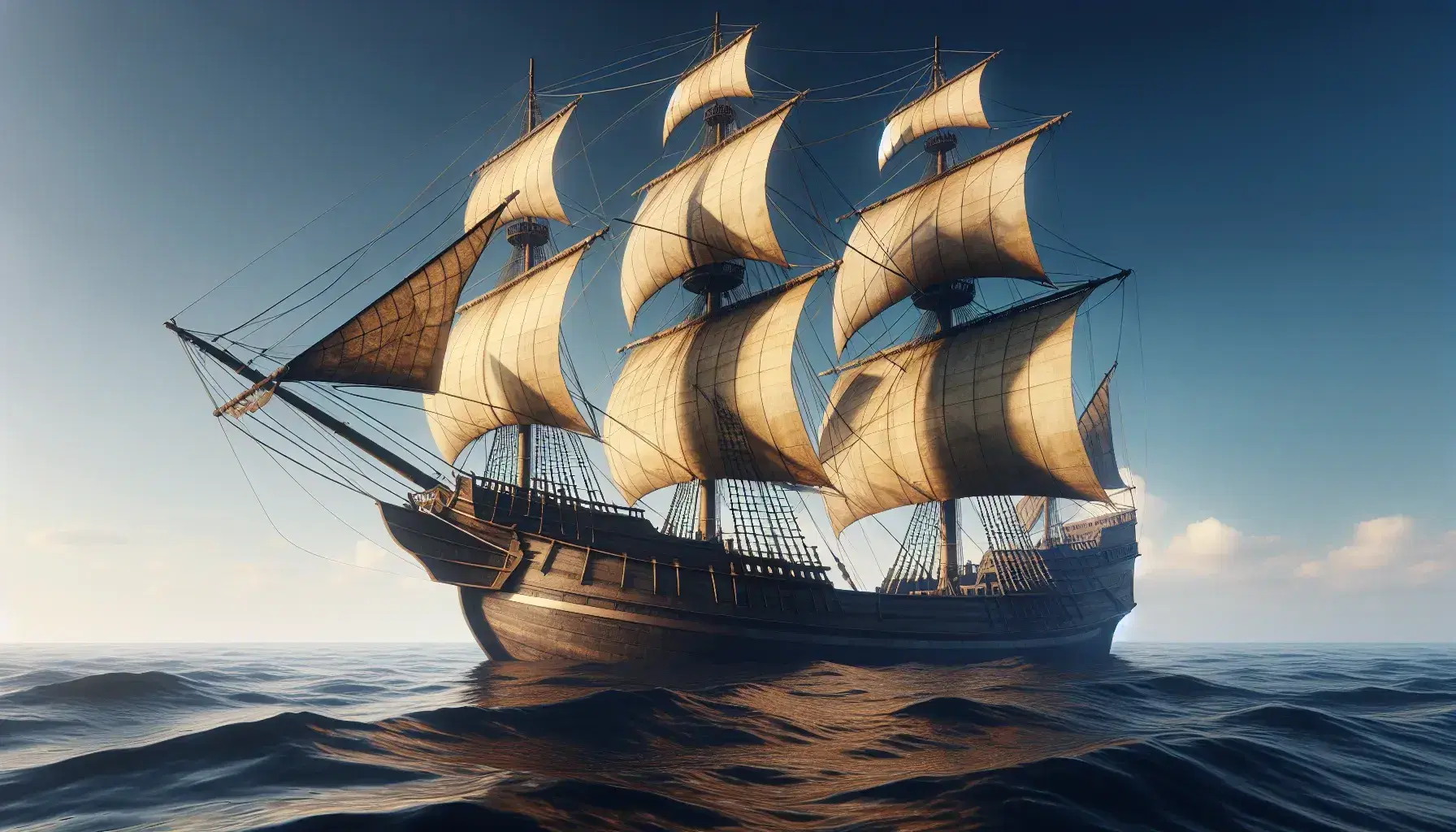 Three-masted caravel with billowing lateen sails on calm blue sea, golden sunlight reflecting off weathered hull, sailors on deck, faint coastline in distance.