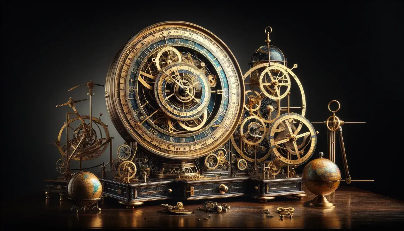 Orologio astronomico antico con ingranaggi visibili, quadranti zodiacali e strumenti scientifici vintage su base in legno scuro.