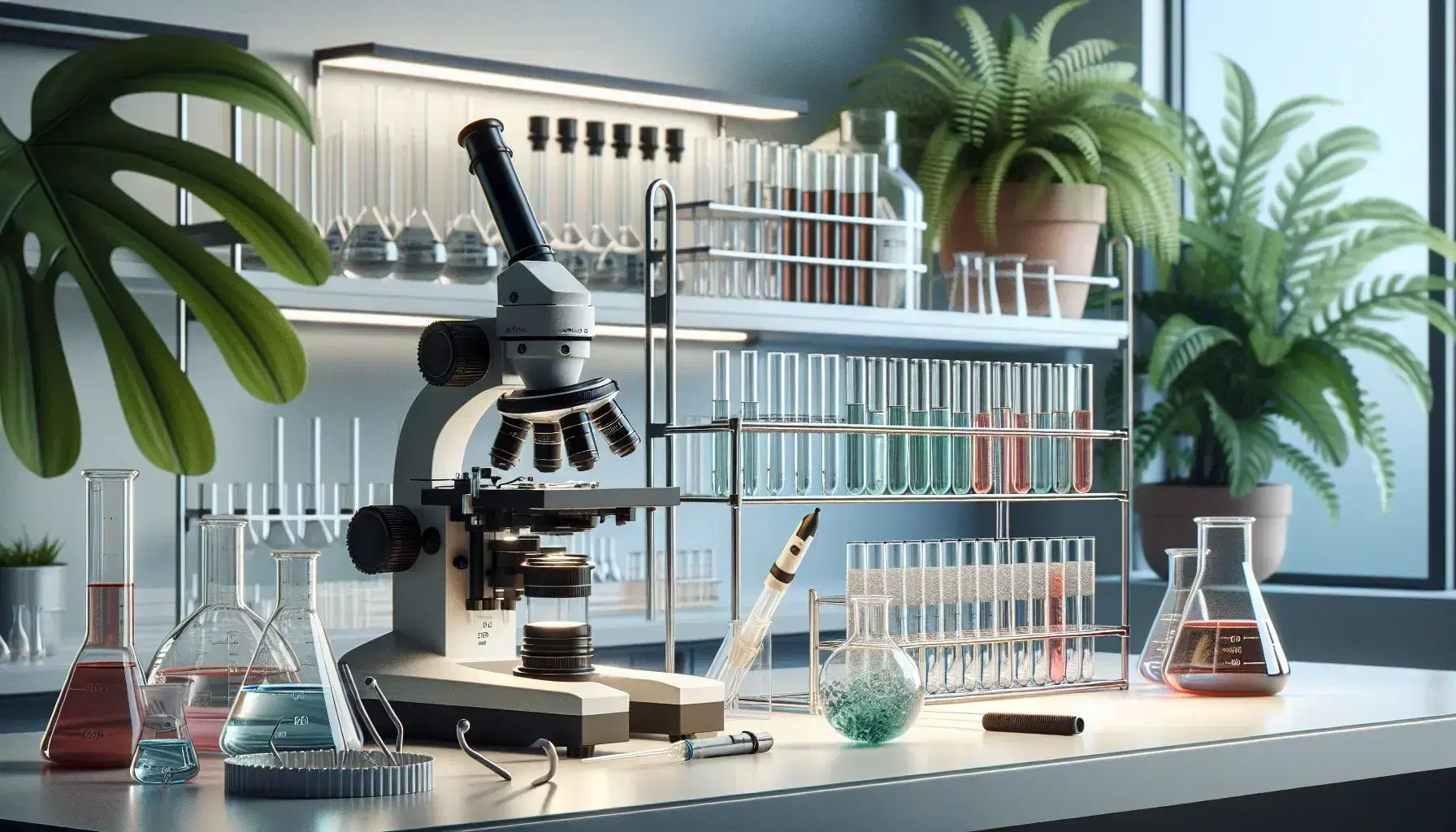 Laboratorio de biología moderno con microscopio compuesto, tubos de ensayo con líquidos de colores, pipeta y planta verde, reflejando un ambiente de investigación.