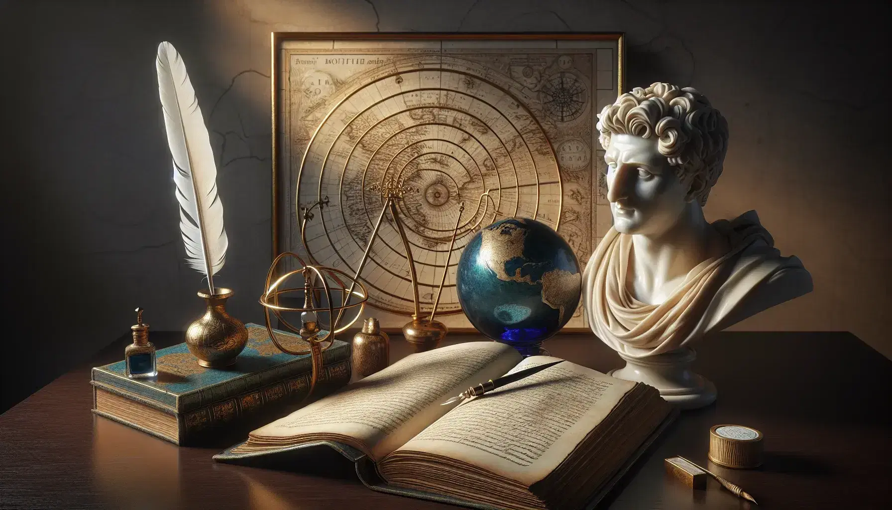 Scrivania in legno scuro con libro aperto, calamaio e piuma, sfera armillare, busto marmoreo di filosofo e mappa antica sullo sfondo.