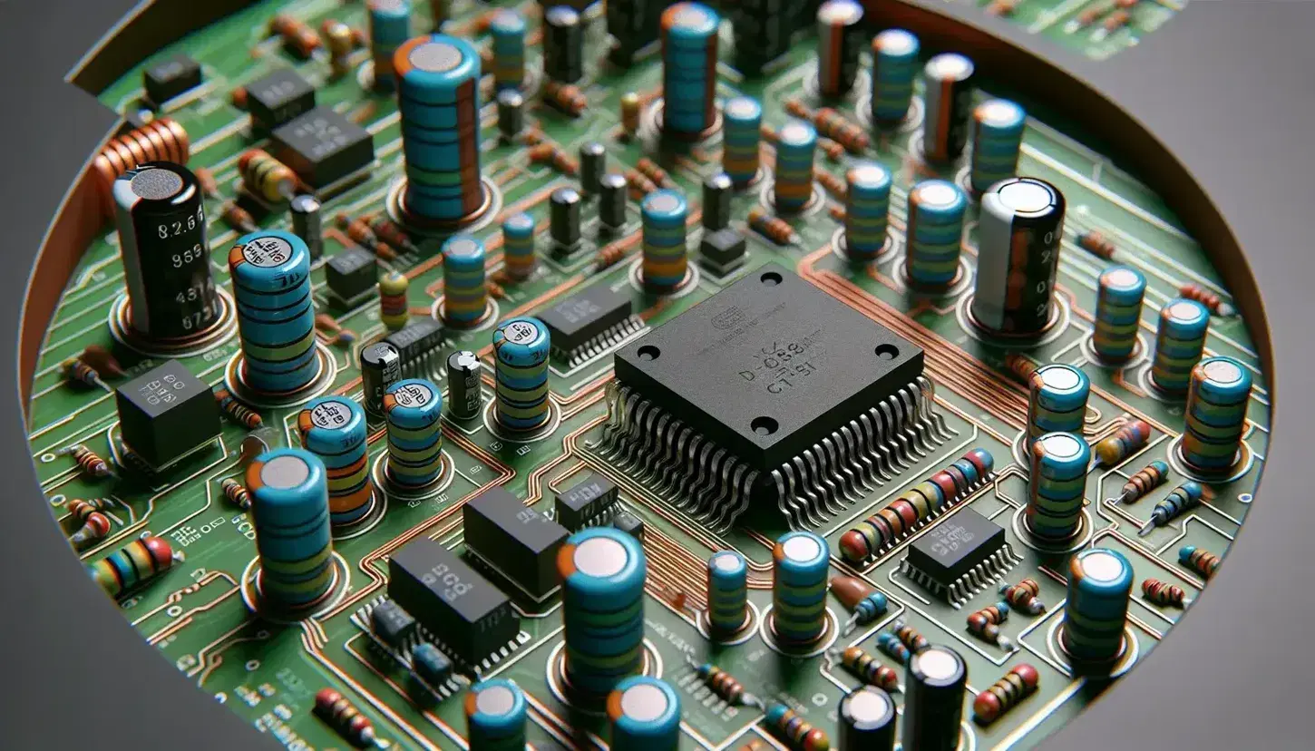 Close-up of an electronic board with various components such as colored resistors, capacitors and central integrated circuit on a green base.
