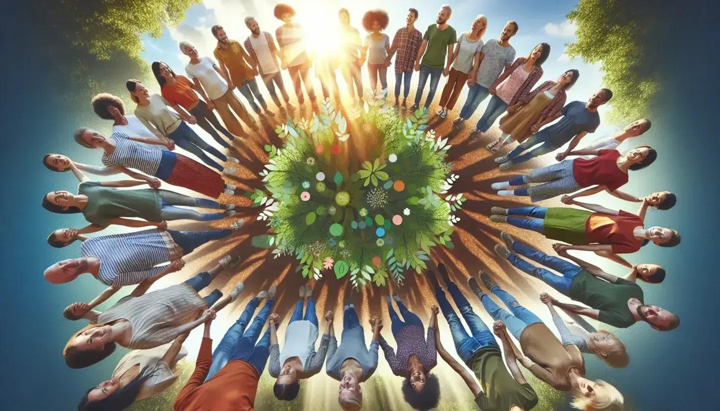 Grupo diverso de personas sonriendo y tomadas de las manos alrededor de un árbol frondoso bajo la luz del sol, simbolizando unidad y conexión con la naturaleza.