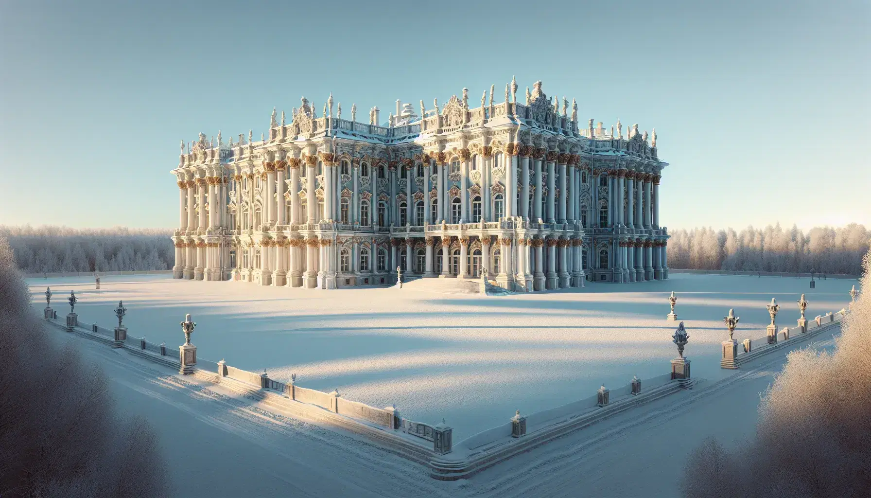 Winter Palace in Baroque style with ornate details, covered in snow under a clear blue sky, surrounded by a snowy courtyard and bare trees.