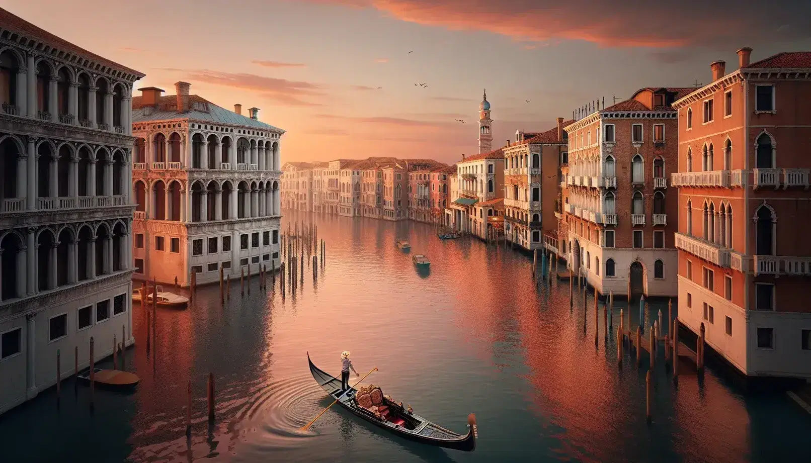 Vista panoramica di Venezia al tramonto con il Canal Grande, gondola, edifici storici e ponte in pietra sotto un cielo sfumato di rosa e arancio.