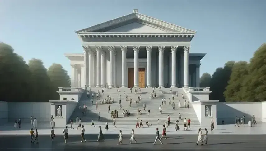Edificio neoclásico con escalinata frontal, columnas corintias y pedimento triangular, personas caminando en un día soleado sin símbolos visibles.