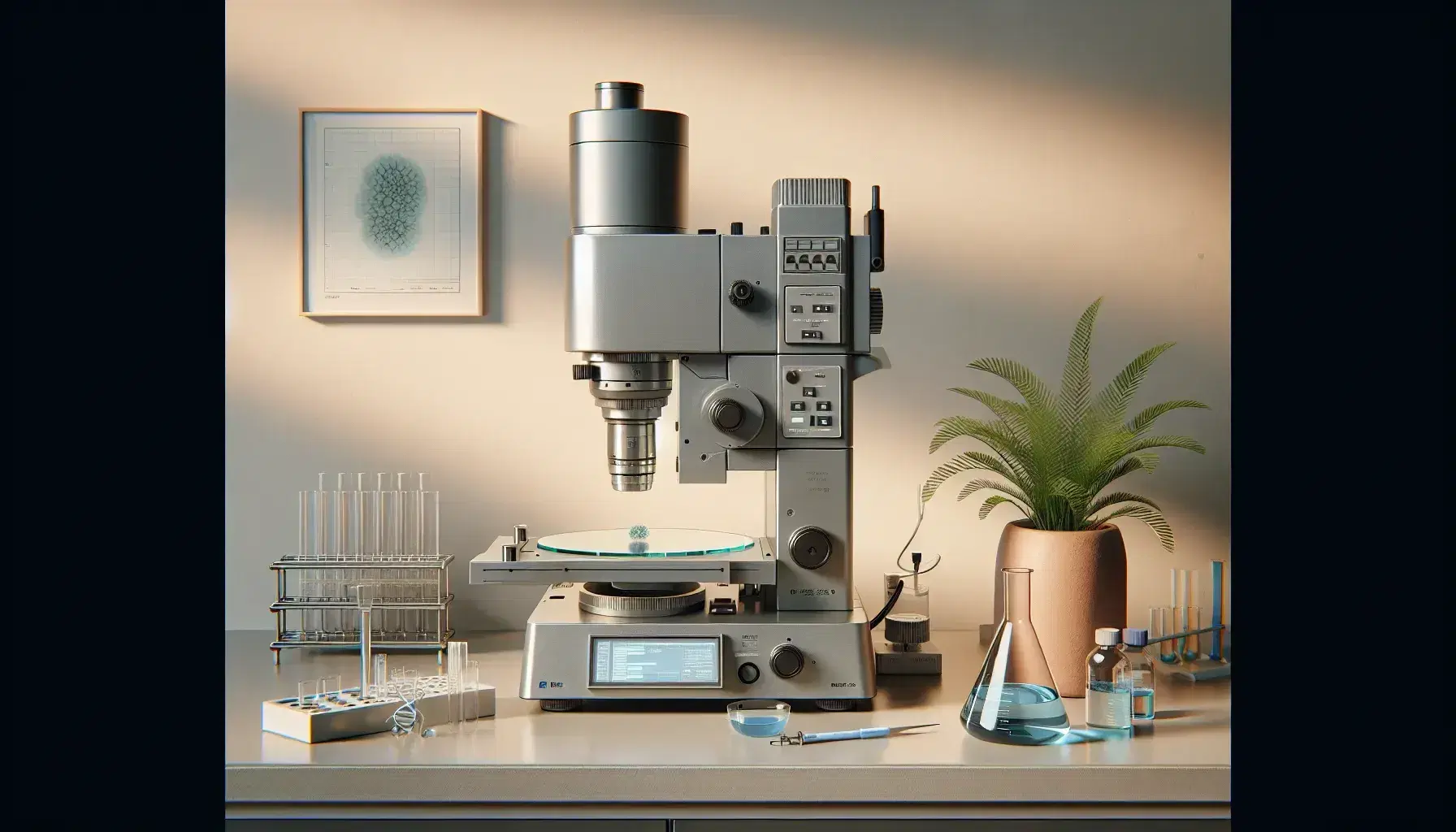 Microscopio elettronico a trasmissione grigio metallico su banco da laboratorio chiaro con pipetta blu, vetrino e pianta verde.