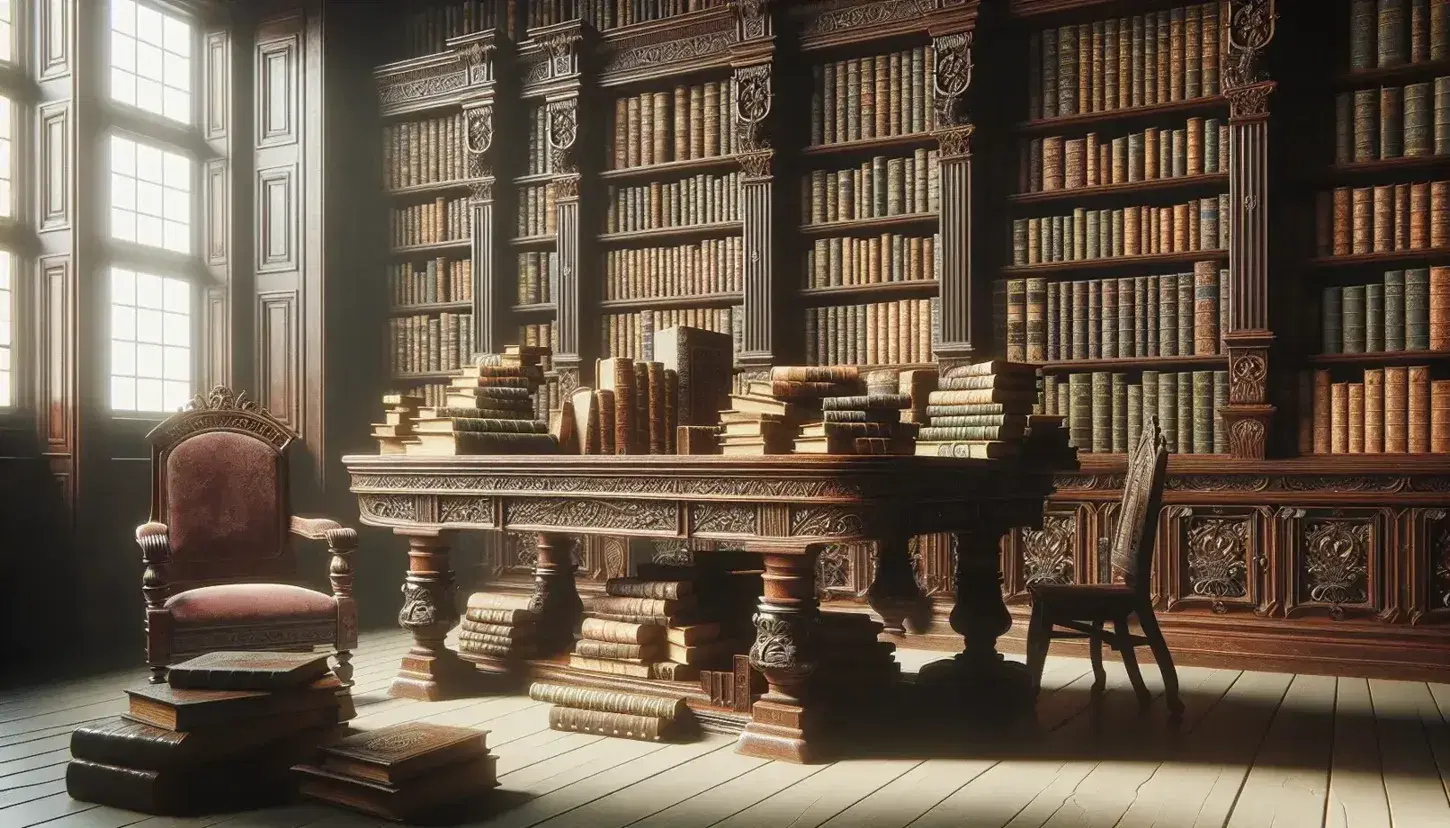 Biblioteca antigua con mesa de madera oscura y libros de tapa dura en tonos marrones, verdes y burdeos, junto a estantería repleta y silla con cojín rojo.