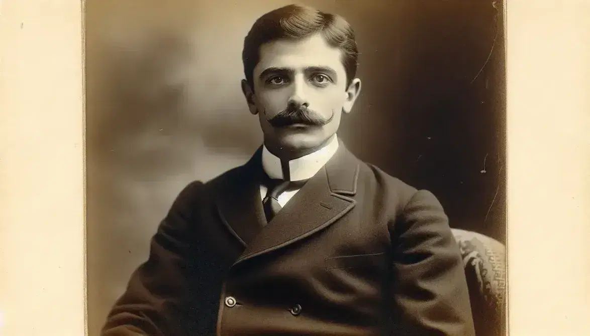 Retrato en blanco y negro de hombre con bigote prominente y traje formal de finales del siglo XIX, mirada seria y fondo neutro.
