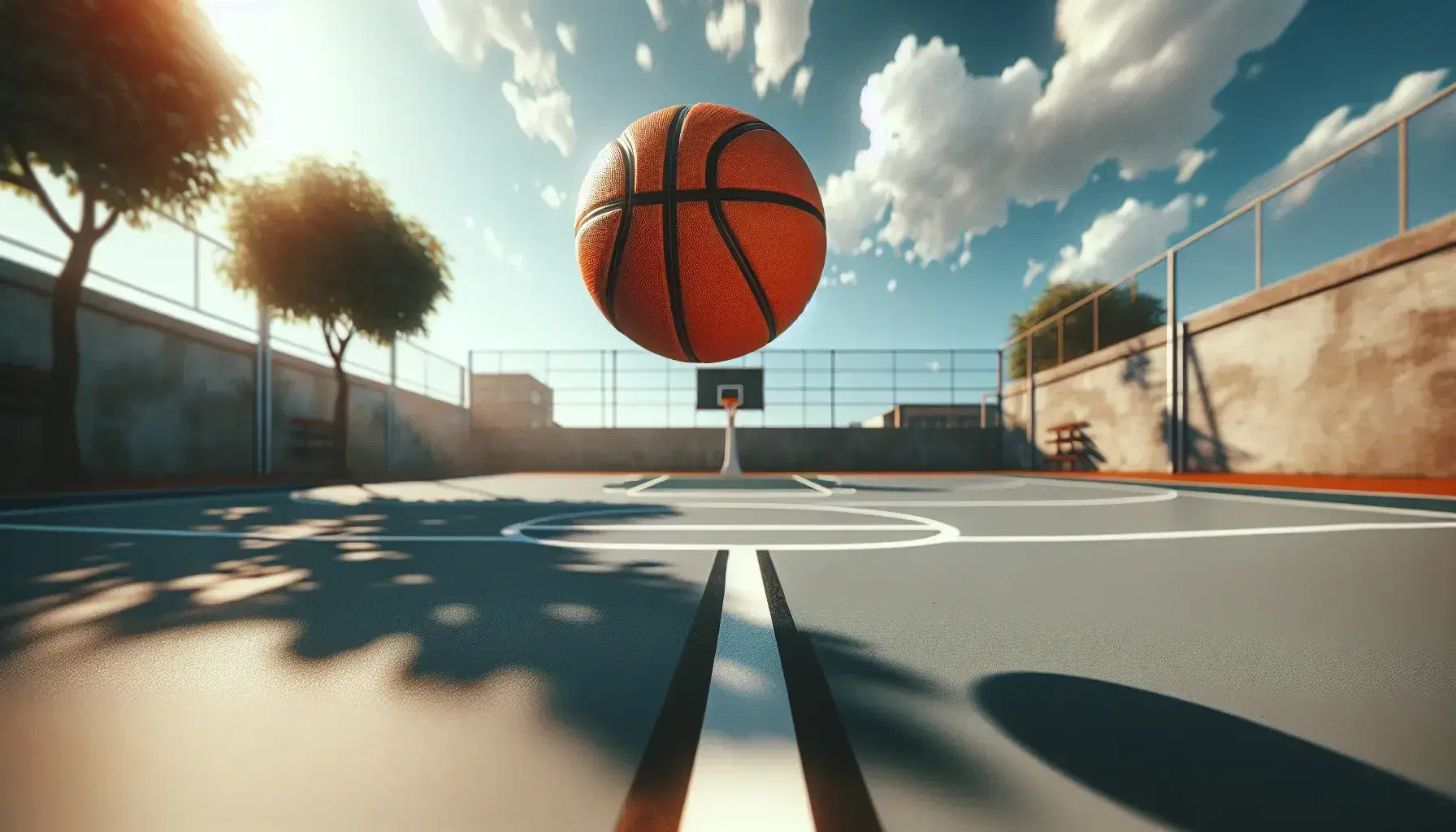 Balón de baloncesto naranja en pleno vuelo sobre cancha al aire libre, cielo azul con nubes dispersas y árbol al fondo en día soleado.