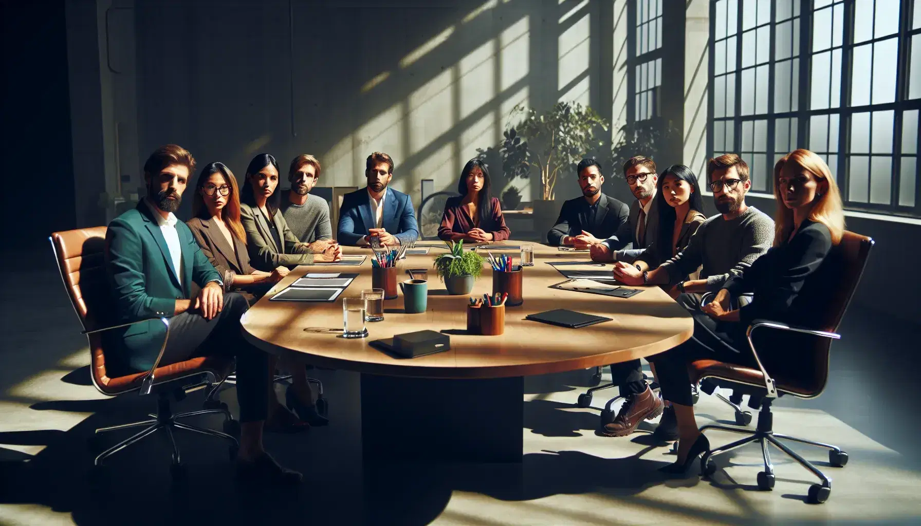 Eight diverse professionals engaged in a meeting around a large oval table in a well-lit modern office, with a plant and office supplies at the center.