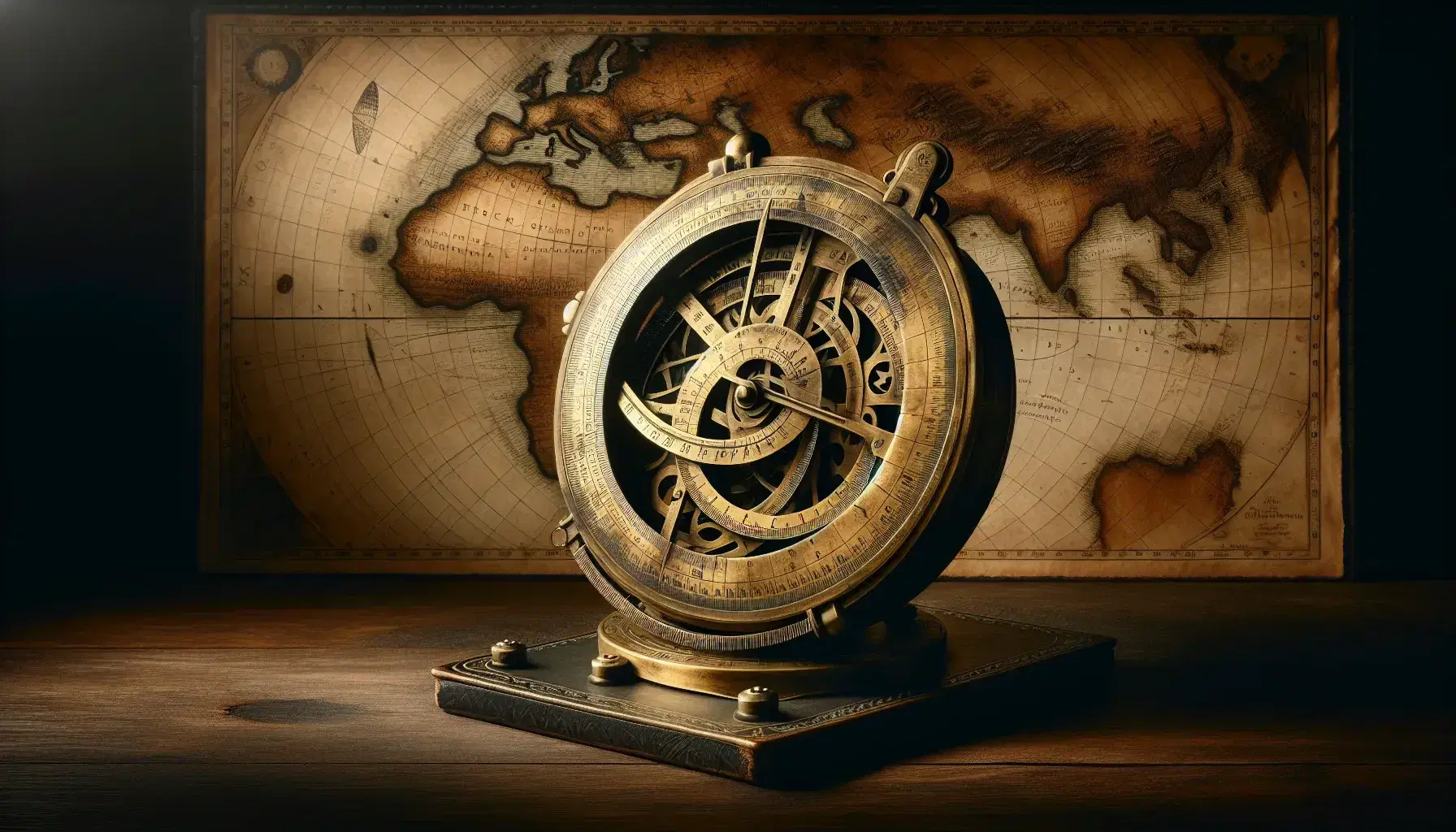 Antique brass nautical astrolabe on a wooden table with a hand-drawn map of the Iberian Peninsula and northwestern Africa in the background.