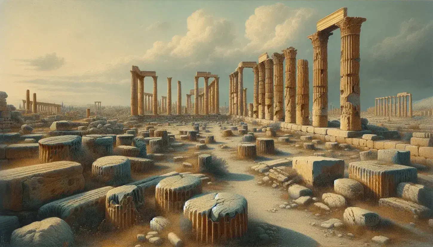 Colonne antiche di un'agora greca con erba secca e cielo azzurro, evocando un'atmosfera storica e contemplativa.