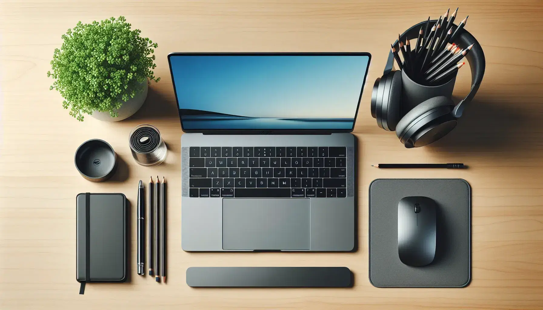 Tidy desk from above with open laptop, wireless mouse, green plant, black headphones and glass with pens on light wooden surface.