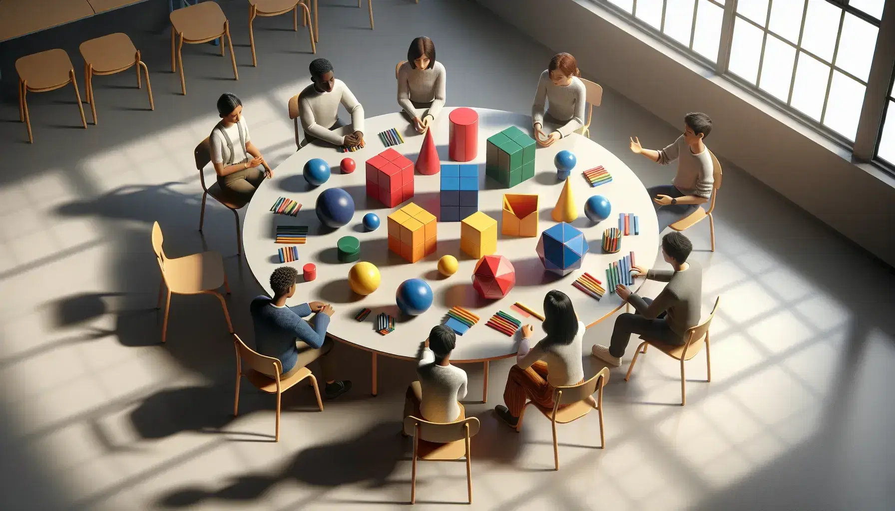 Diverse students engage with colorful geometric blocks on a table in a sunlit classroom, fostering a collaborative learning environment.
