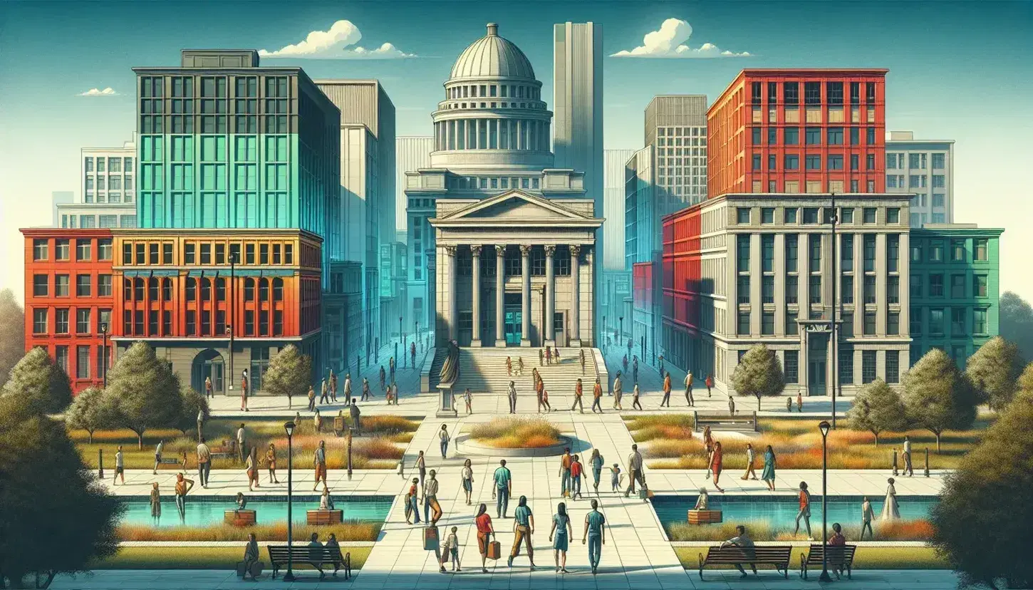 Escena urbana con personas de diversas edades en un parque, edificios comerciales variados y un edificio estatal con columnas y cúpula, bajo un cielo azul con nubes dispersas.