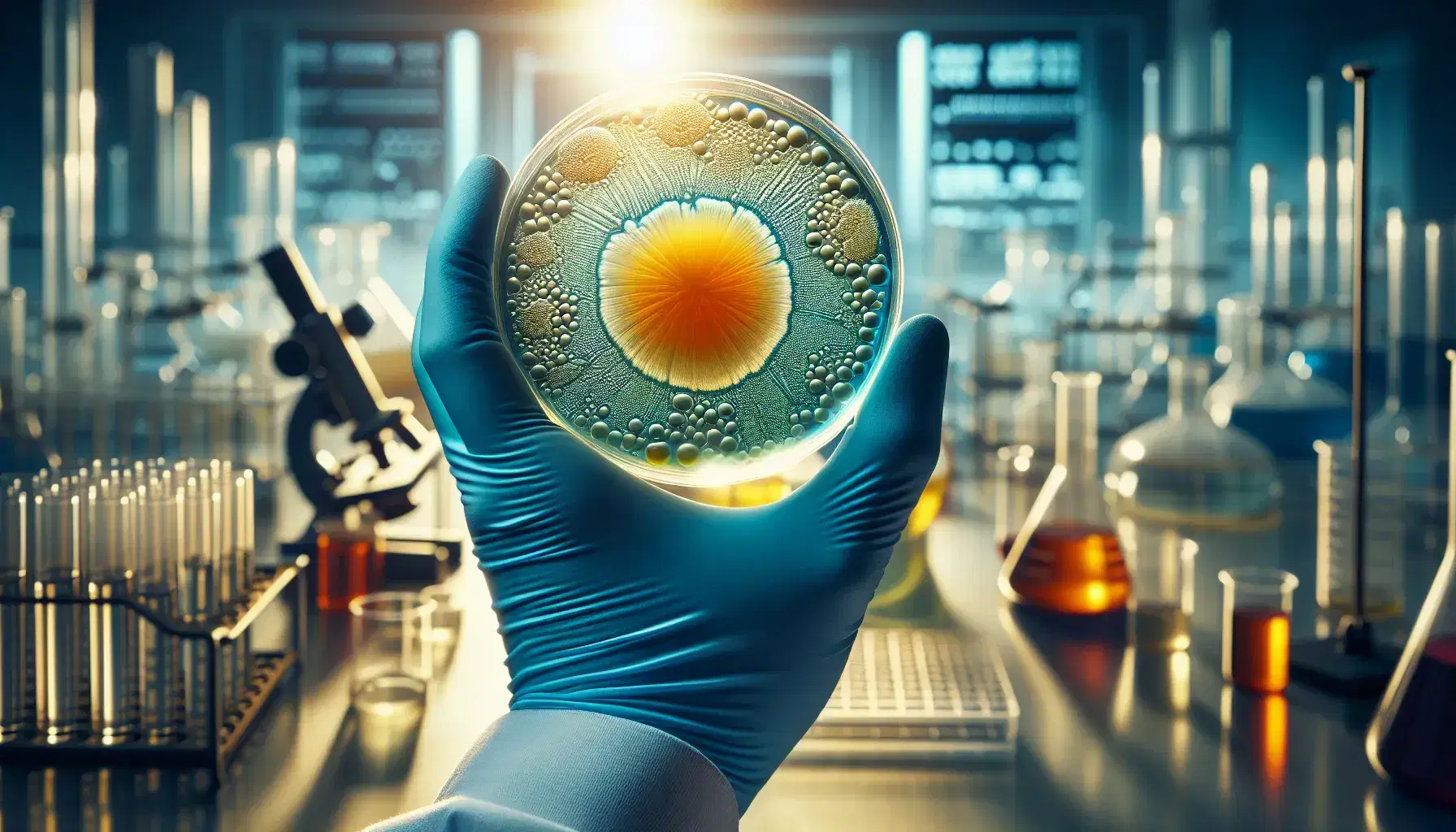 Close-up view of a vibrant bacterial colony in a petri dish, held by blue-gloved hands in a blurred lab setting, highlighting the colony's textured surface.