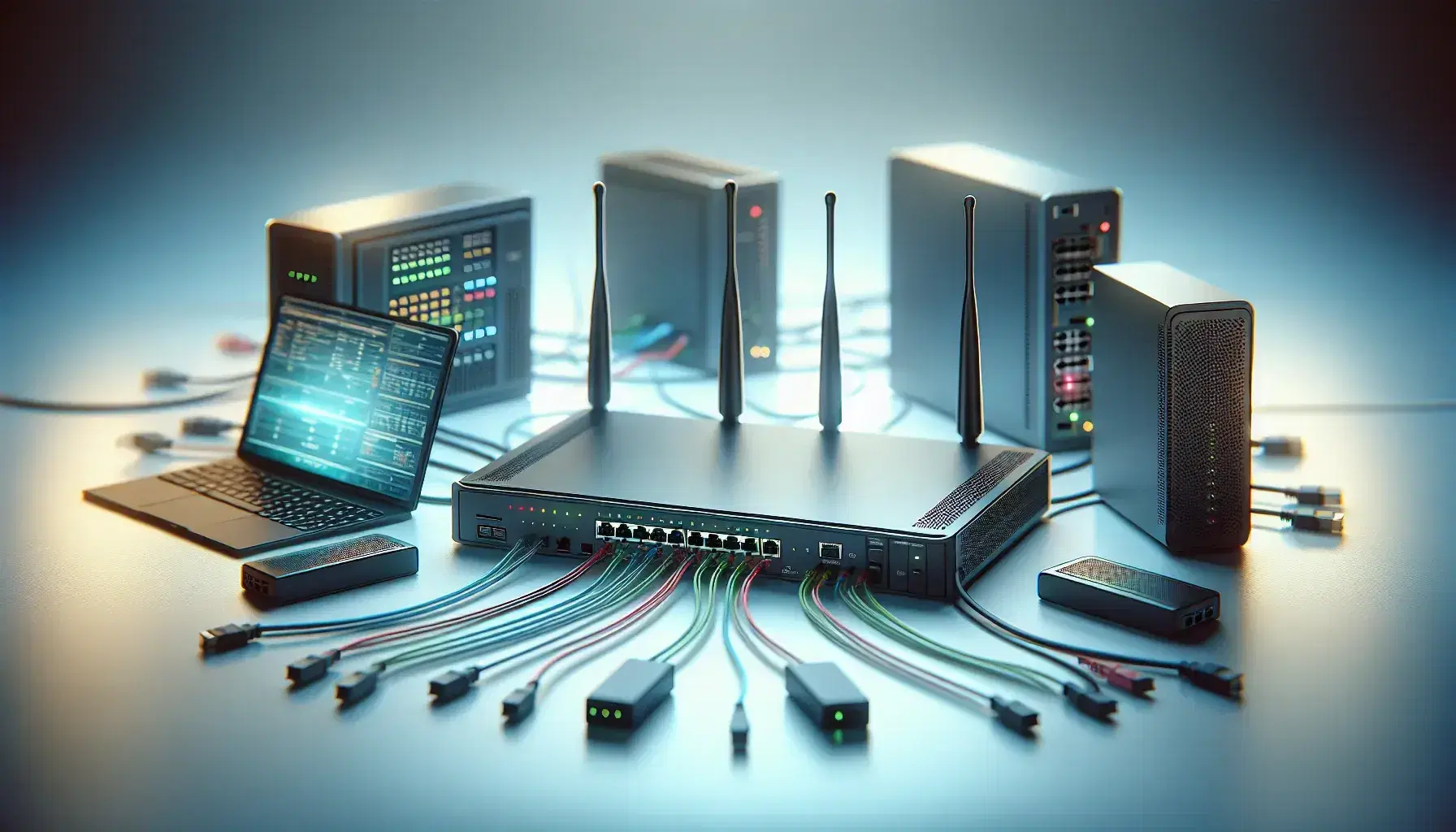 Router negro con antenas y dispositivos de red como switch con cables de colores y laptop con pantalla azul en un entorno de oficina desenfocado.