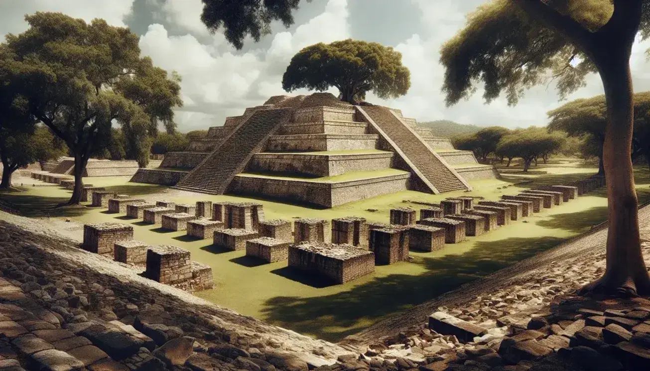 Vista panorámica de una pirámide escalonada prehispánica en México con columnas de piedra en primer plano y un árbol frondoso a la izquierda bajo un cielo despejado.