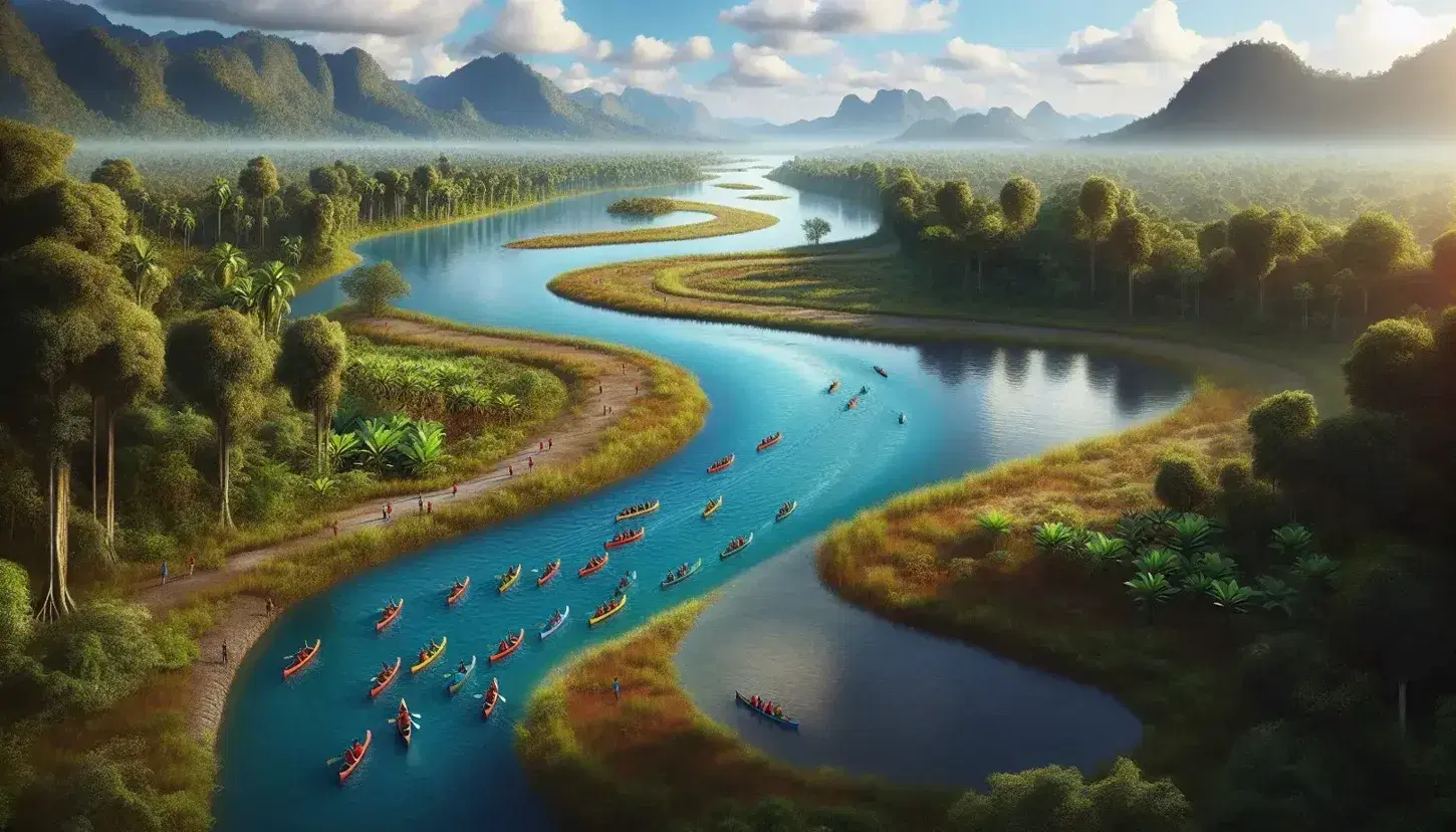 Paisaje natural con río serpenteante de aguas azules, rodeado de vegetación variada y montañas al fondo, con personas remando en canoas coloridas.
