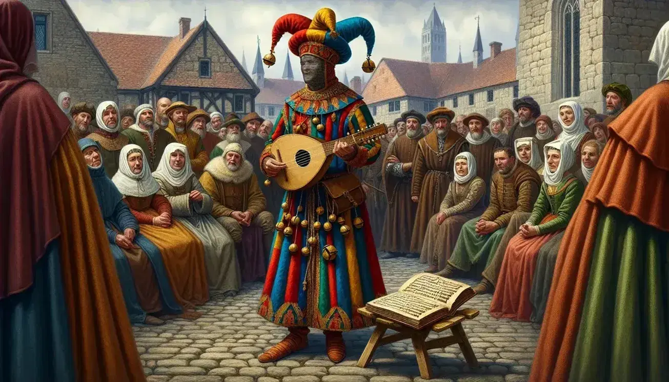 Giullare medievale in costume colorato suona il liuto davanti a spettatori attenti in piazza con castello sullo sfondo.